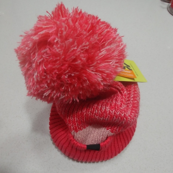 Cotton Candy Pink beanie fleece lined hat with poof stripes, OS NEW - Picture 5 of 5